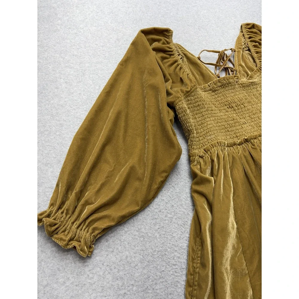 Free People Dress Womens Large Mustard Velvet Smocked Puff Sleeve Lace Up Back - Picture 5 of 15